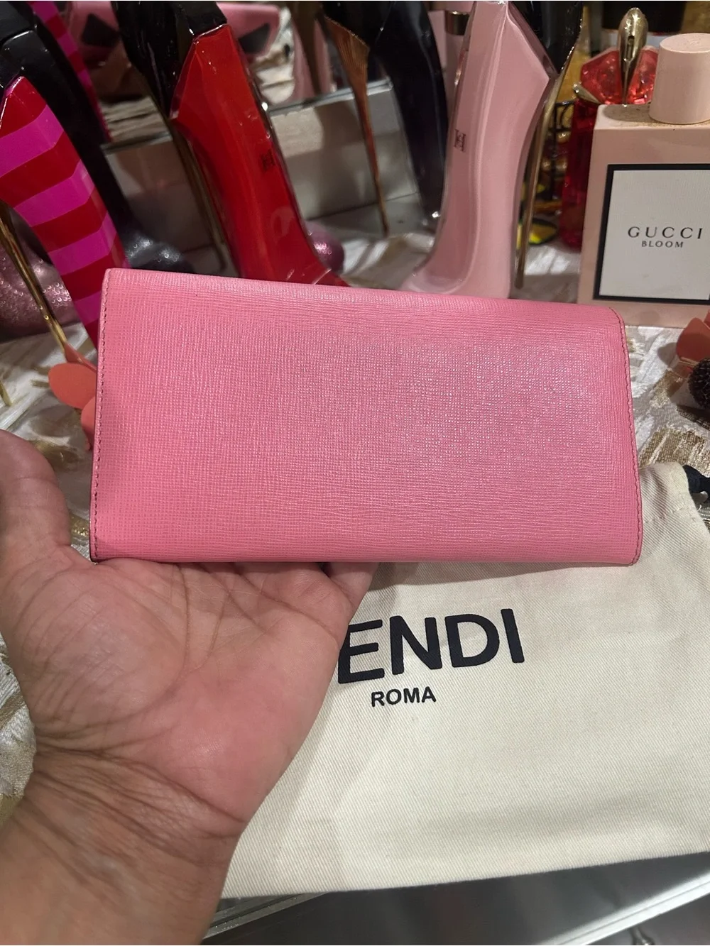 Fendi Monster Pink Leather Wallet with Black Eye-Detail Accents